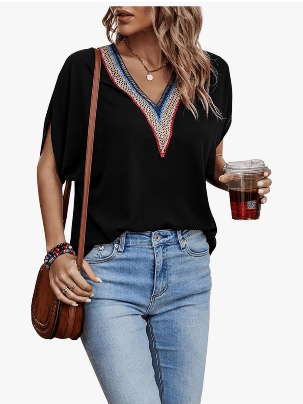 Black V-Neck Embroidered Short Sleeve Women’s Blouse